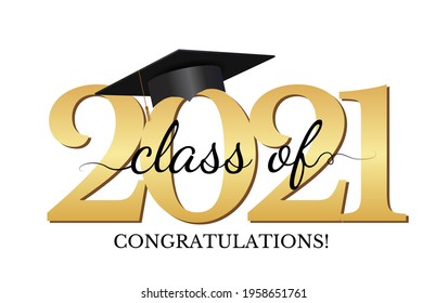 Graduation condratulations class of 2021 with graduation cap hat. Vector Illustration EPS10
