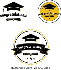 Graduation Congratulations Badge Vector Set – Cap, Scroll, Banner, Star Emblems for Grads