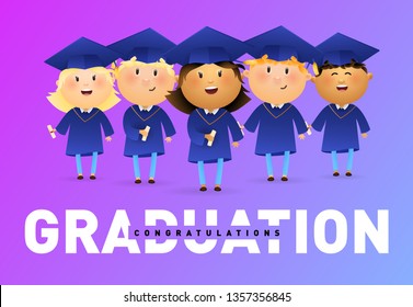 Graduation, Congratulations banner design. Joyful graduates holding diplomas and celebrating on violet background. Illustration can be used for banners, flyer, celebrating