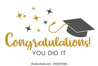 Graduation congratulations at school, university or college . Trendy calligraphy golden glitter inscription