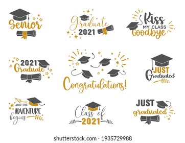 Graduation congratulations at school, university or college . Trendy calligraphy golden glitter inscription