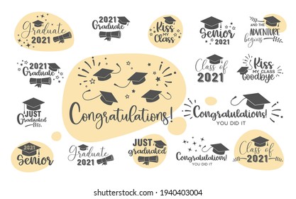 Graduation congratulations at school, university or college . Trendy calligraphy inscriptions