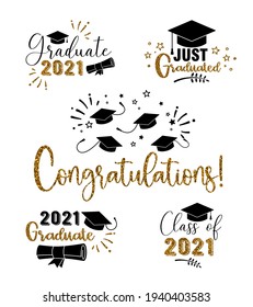 Graduation congratulations at school, university or college . Trendy calligraphy golden glitter inscription