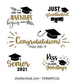 Graduation congratulations at school, university or college . Trendy calligraphy golden glitter inscription