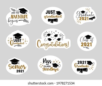 Graduation congratulations at school, university or college . Sticker pack with golden glitter effect