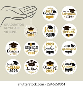 Graduation congratulations at school, university or college. Design templates for round keychain. Vector illustration.