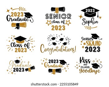 Graduation congratulations at school, university or college. Trendy calligraphy inscription with gold glitter