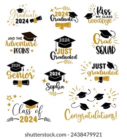 Graduation congratulations at school, university or college . Trendy calligraphy golden glitter inscription