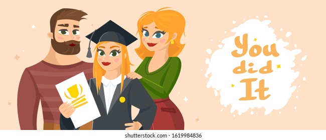 Graduation Congratulations vector illustration with words You did it. Horizontal banner with happy family proud of their daughter graduate.