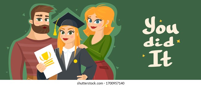 Graduation Congratulations vector illustration with words You did it. Horizontal banner with happy family proud of their daughter graduate.