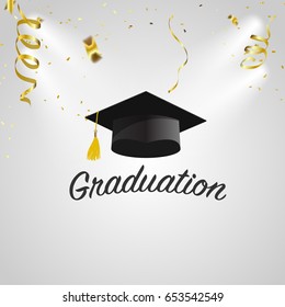 Graduation congratulatory background graduate cap and golden confetti