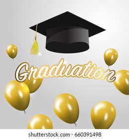 Graduation congratulatory background graduate cap and golden balloon