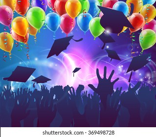 Graduation convocation crowd concept of student hands in silhouette throwing their mortar board caps celebrating with abstract background and balloons
