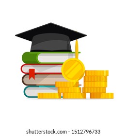 Graduation cost or expensive education or scholarship loan vector, flat cartoon money with stack of books and cap or hat, idea of tuition budget or college, university learning fee, profit or earnings