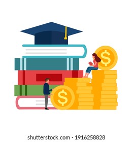 Graduation cost, expensive education,  scholarship loan budget, education savings and investment concept. Stack of books, dollar coins and graduation hat in flat design.