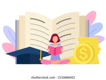 Graduation cost, expensive education, scholarship loan budget, education savings and investment concept. Opened book, dollar coins and graduation hat in flat design.