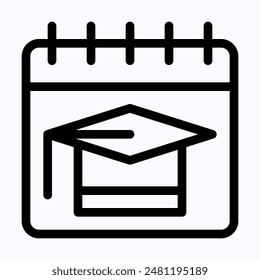 Icono de Vector de calendario de fecha de graduación, Icono de Vector de sombrero de graduado. Icono de Vector lineal.