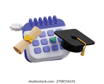 Graduation date icon 3d render concept of Calendar with graduation hat and diploma certificate icon vector illustration  