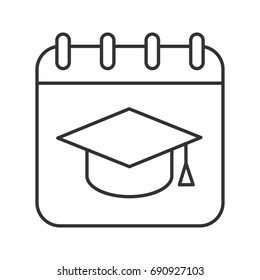Graduation Date Linear Icon. Thin Line Illustration. Calendar Page With Square Academic Hat. Contour Symbol. Vector Isolated Outline Drawing