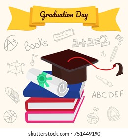 Graduation day background with books, degree and graduation cap on doodling background. 