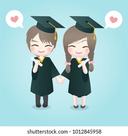 Graduation day with boy and girl holding hands, happy smile. Character design vector illustration.