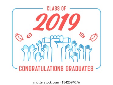 Graduation Day. Class of 2019 celebration. Graduates celebrating and throwing their academic hats into the air. End of academic year. Hand grabbing diploma certificate as a sign of success. Vectorial