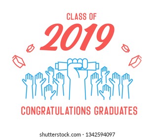 Graduation Day. Class of 2019 celebration. Graduates celebrating and throwing their academic hats into the air. End of academic year. Hand grabbing diploma certificate as a sign of success. Vectorial