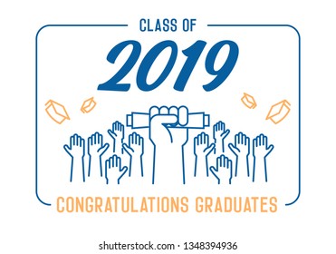 Graduation Day. Class of 2019 celebration. Graduates celebrating and throwing their academic hats into the air. End of academic year. Hand grabbing diploma certificate as a sign of success. Vector