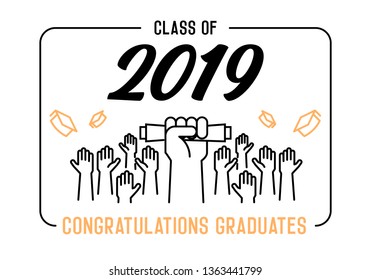 Graduation Day. Class of 2019 celebration. Graduates celebrating and throwing their academic hats into the air. End of academic year. Hand grabbing diploma certificate as a sign of success.  