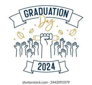 Graduation Day. Class of 2024 celebration. Students celebrating and throwing academic hats. End of academic year. Hand grabbing diploma certificate. Vector