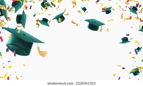 Día de graduación Para la clase Gorras de graduación arrojadas y confeti de papel de aluminio dorado sobre un fondo. Felicitaciones a los graduados. Ilustración vectorial Horizontal.