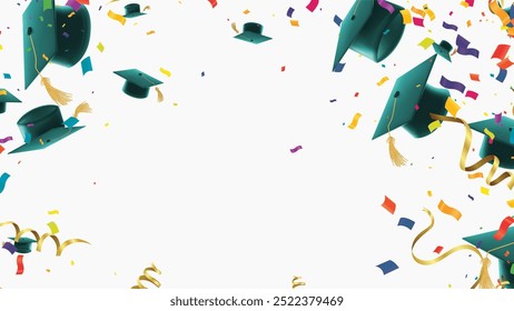 Día de graduación Para la clase Gorras de graduación arrojadas y confeti de papel de aluminio dorado sobre un fondo. Felicitaciones a los graduados. Ilustración vectorial Horizontal.