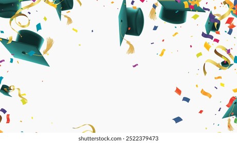 Día de graduación Para la clase Gorras de graduación arrojadas y confeti de papel de aluminio dorado sobre un fondo. Felicitaciones a los graduados. Ilustración vectorial Horizontal.