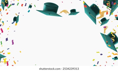 Día de graduación Para la clase Gorras de graduación arrojadas y confeti de papel de aluminio dorado sobre un fondo. Felicitaciones a los graduados. Ilustración vectorial Horizontal.