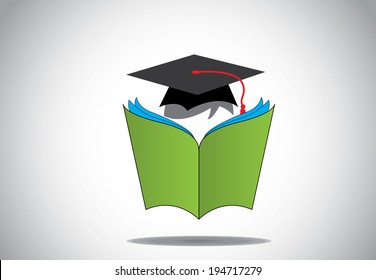 graduation day college student with hat reading green open book.