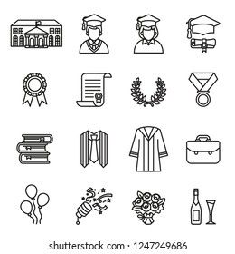 Graduation day. College & University education icon set with white background. Thin Line Style stock vector.