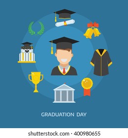 Graduation day concept with celebration cartoon elements. Happy student guy with icons of school, wreath, insignia, trophy, pie, graduational cap, diploma, gown and bell. Graduate man smiling flat.