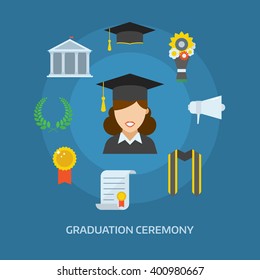 Graduation day concept with celebration cartoon elements. Happy student girl with icons of school, wreath, insignia, flowers, ribbon, graduational cap, diploma and bell. Graduate woman smiling flat.