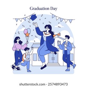 Graduation Day concept. A joyful celebration with friends and family, capturing the excitement of earning a degree. Academic success and a bright future ahead. Vector illustration.