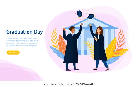 Graduation Day concept with rejoicing students as a young man and woman through their caps in the air in front of a school or university, colored vector illustration