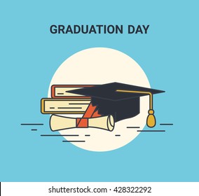 Graduation day flat line illustration of education syblols such as books, graduation university hat and certificate with red ribbon. Flat icon isolated on blue background