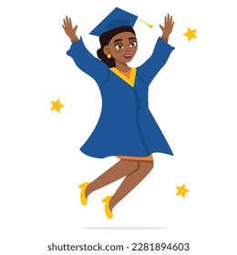 Graduation day. Graduate black girl in a dress, in a mantle and a square academic cap. Jumping for joy.