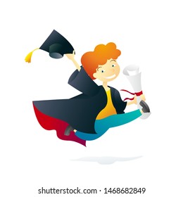 Graduation day and happy cheerful hilarious boy. Running graduate with big diploma with cap in the hand finish education. Cartoon drawing. Eps 10 vector flat illustration.