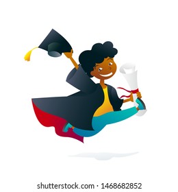Graduation day and happy cheerful hilarious boy. Running graduate with big diploma with cap in the hand finish education. Cartoon drawing. Eps 10 vector flat illustration.