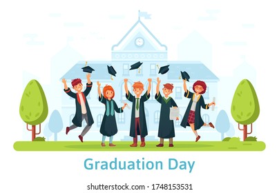 Graduation day, happy students celebration. Education certificate, celebration ceremony, school graduate, people throw hat. Vector illustration