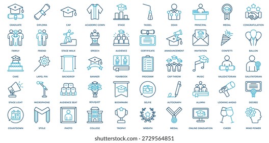 Symbolsatz für den Abschlusstag. Enthaltend Absolvent, Diplom, Cap, akademisches Kleid, Bühne, Tassel, Dekan, Direktor, Medaille, Glückwunsch-Symbol. Gliederungsfarbstil