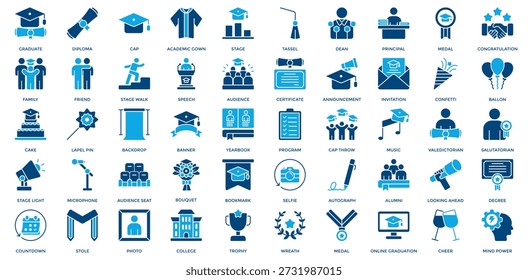 Conjunto de Ícones do Dia da Formatura. Contendo Pós-Graduação, Diploma, Cap, Vestido Acadêmico, Palco, Tassel, Reitor, Diretor, Medalha, Ícone De Parabéns. Estilo de Tom Duplo