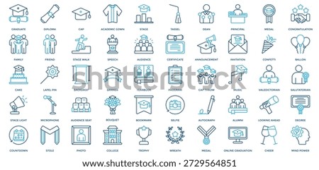 Graduation Day Icon Set. Containing Graduate, Diploma, Cap, Academic Gown, Stage, Tassel, Dean, Principal, Medal, Congratulation Icon. Outline Color Style