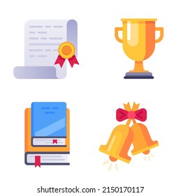 Iconos del día de graduación, diploma de libros y goblet. Certificado de graduación de vectores, título académico escolar, ilustración aislada