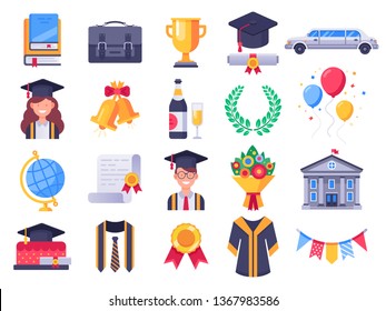 Graduation day icons. College graduate students party, graduation cap and student gown. Exams icon, diploma certificate celebrate ceremony vector illustration isolated sign set